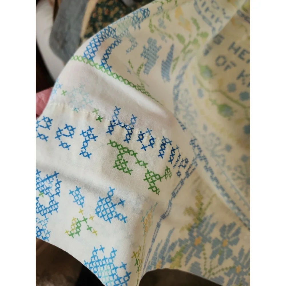 Vtg 70's Perma-Prest Full Flat Sheet Faux Cross Stitch Cottagecore Country